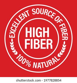 'excellent source of high fiber, 100% natural' vector icon isolated on red background, white in color