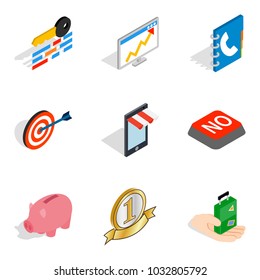 Excellent start up icons set. Isometric set of 9 excellent start up vector icons for web isolated on white background