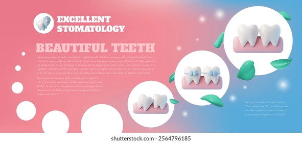 Excellent stomatology, beautiful teeth 3D banner vector advertising design. Realistic white healthy teeth with braces, gum and herbs. Professional orthodontic and dentistry services