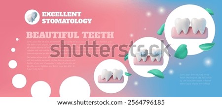 Excellent stomatology, beautiful teeth 3D banner vector advertising design. Realistic white healthy teeth with braces, gum and herbs. Professional orthodontic and dentistry services