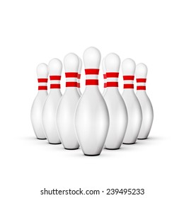 excellent vector illustration, bowling ball crashing into the pins game, with red stripes isolated on white, EPS, white