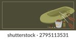 Excellent vector illustration of a wide horizontal fishing banner decorated with a green rubber boat paddles spinning rods thermos and a metal bucket full of caught fish. Vector illustration