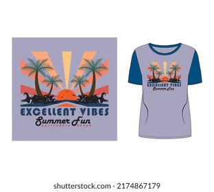 EXCELLENT VIBES Summer Fun California Beach palm tree sun vector bird new vintage t- shirt Design