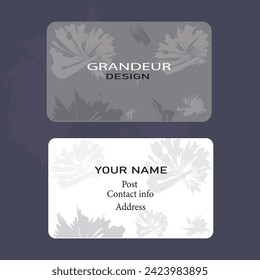 Excelente plantilla de tarjeta de visita. Diversos tonos de blanco y gris vector de color sobre fondo gris para uso profesional. Forma floral usada. También tarjeta de visita. Icono de belleza y moda.