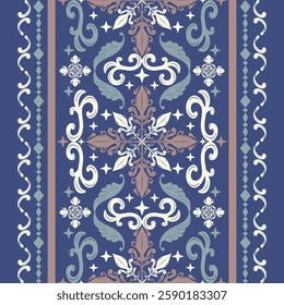 Excellent White Scroll Florals in Victorian Eras Design on Royal Blue Background Detailed of Flower and Nature Seamless Pattern Vector. Fine Art for interior decoration silk embroidery border carpet