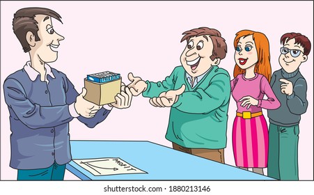 Excellent work award. The manager congratulates the employees
