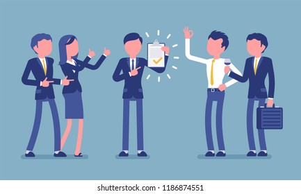 Excellent work award on blue. Young man in the office given professional recognition by coworkers for good job, acknowledge of skills. Business style vector concept illustration, faceless characters