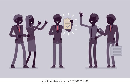 Excellent work award. Young man in the office given professional recognition by coworkers for good job, acknowledge of skills. Vector flat style and line art cartoon illustration, black silhouette