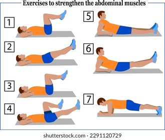 Excellent working balanced set of exercises to strengthen the muscles of the abdomen Seven exercises for the cubes on the abdomen Vector