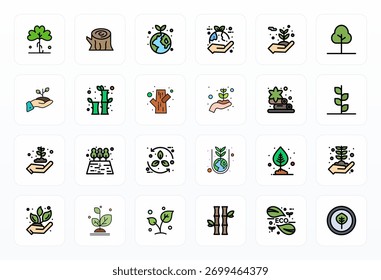 Colección excepcional de 24 iconos vectoriales de líneas rellenas para la reforestación, entregados en resolución optimizada de 256x256 píxeles para una excelencia visual y facilidad de uso sin igual.