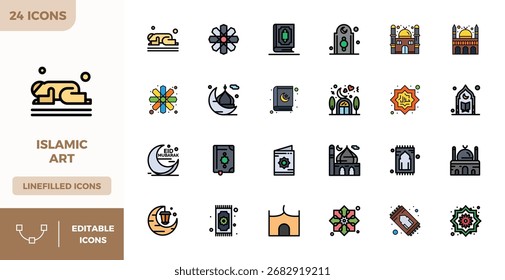 Excepcional colección de 24 iconos vectoriales de color lineal plano para arte islámico, entregados en 128x128 píxeles de resolución perfecta para una excelencia visual y facilidad de uso sin igual.