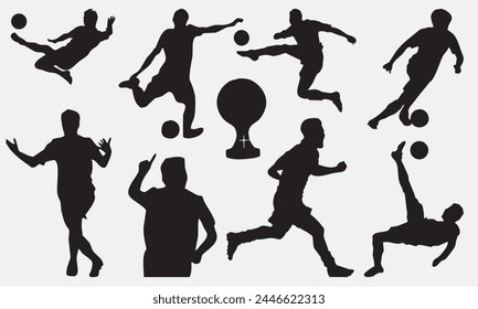 Exceptional hand-drawn vectors Detailed silhouettes of soccer and American football players in various dynamic poses, ensuring top-notch quality and versatility in vector pack.