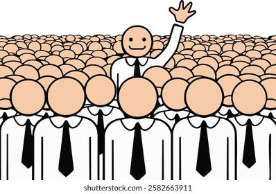 An exceptional standout business individual raises his hand above the crowd.