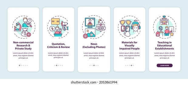 Exceptions to copyright onboarding mobile app page screen with concepts. Private research, review walkthrough 5 steps graphic instructions. UI, UX, GUI vector template with linear color illustrations