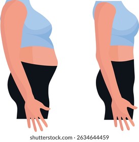 Excess belly fat before and after images visually document the transformation of the abdominal area following weight loss, fitness training, diet changes, or cosmetic procedures like liposuction