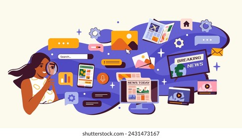 Excess of online information concept. Woman with magnifying glass. Young girl evaluate articles from internet. Webpage templates. Cartoon flat vector illustration isolated on beige background