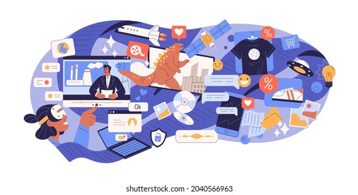 Excess of online information in social media. Person surfing internet overloaded with lot of content for fun and entertainment. Info flood concept. Flat vector illustration isolated on white