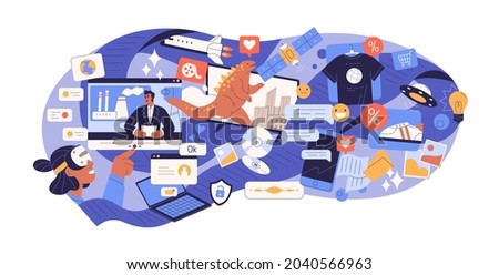 Excess of online information in social media. Person surfing internet overloaded with lot of content for fun and entertainment. Info flood concept. Flat vector illustration isolated on white