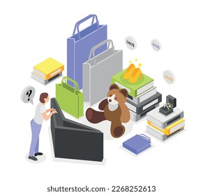 Exceso de gasto composición isométrica con carácter femenino mirando en cartera vacía y compras con iconos de precio ilustración vectorial