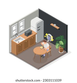 Excess spending isometric composition with isolated kitchen scenery and eating man dreaming of purchasing new phone vector illustration