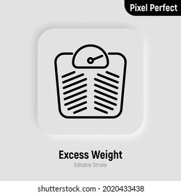 Excess Weight On Scales. Obesity Thin Line Icon. Pixel Perfect, Editable Stroke. Vector Illustration.