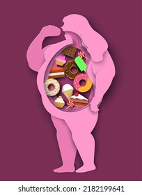 Excess Weight Woman Paper Cut Vector Design. Overweight And Obesity Concept. Unhealthy Diet And Junk Sweet Food Inside Fat Female Body. Adult Person Abdominal Obese. Over Eating Problems Illustration