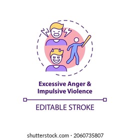 Icono de concepto de ira excesiva e violencia impulsiva. El problema de la salud mental. Ilustración de la línea delgada de la idea de autocontrol. Dibujo de color RGB con contorno aislado del vector. Trazo editable