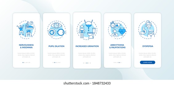 Excessive caffeine intake onboarding mobile app page screen with concepts. Nervousness, pupil dilation walkthrough 5 steps graphic instructions. UI vector template with RGB color illustrations