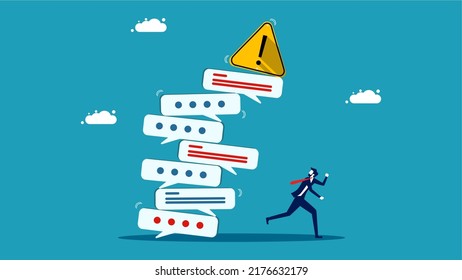 Excessive communication or spam messages. A businessman escapes from a pile of many speech bubbles