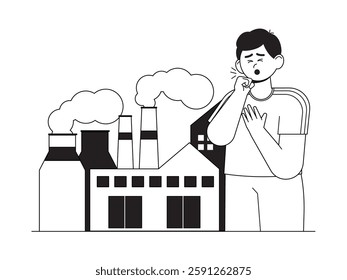 Excessive construction of production buildings to the point of causing factory smoke that can interfere with breathing, black and white outline style, vector illustration of social issues.