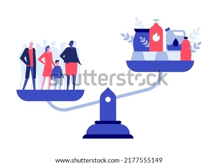 Excessive consumption - modern colorful flat design style illustration on white background. A scene with scales. On one bowl there is a crowd of people, and on the other - fuel. Demand exceeds supply