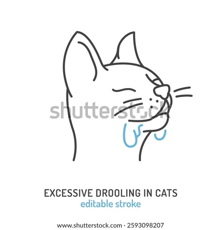 Excessive drooling in cats. Linear icon, pictogram, symbol. Common oral disease, overheating symptom. Veterinarian concept. Editable isolated vector illustration in outline style on a white background