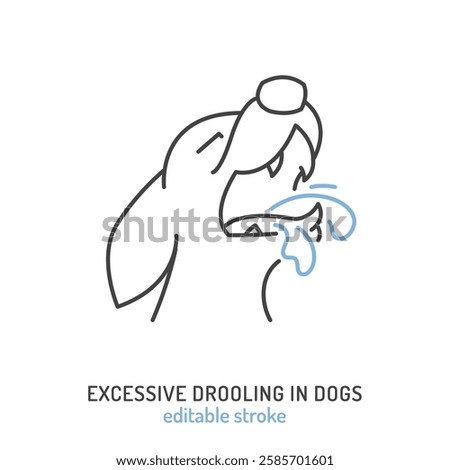 Excessive drooling in dogs. Linear icon, pictogram, symbol. Common oral disease, overheating symptom. Veterinarian concept. Editable isolated vector illustration in outline style on a white background