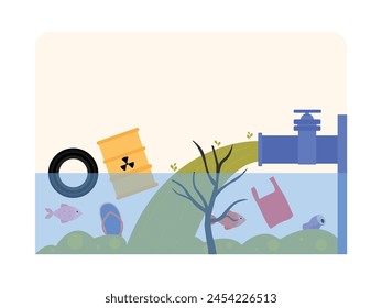 Excessive dumping of waste and rubbish in water, pollution vector illustration.