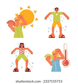 Excessive heat warning flat concept vector spot illustration set. People sweating under sun 2D cartoon characters on white for web UI design. Hot outside isolated editable creative hero image pack
