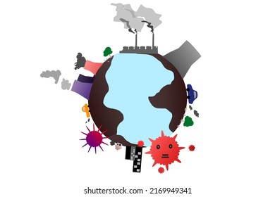 Excessive human demand for energy, residential area or food contributes to global warming.  A symbol of the world engulfed by pollution and pestilence.