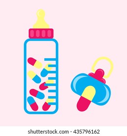 Excessive medication for baby concept with pacifier and bottle full of pills. Vector illustration for antibiotics resistance, vaccination, medicament prescription, drug pharmacy for children.