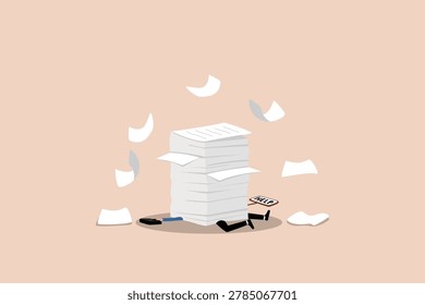 Excessive and too much workload makes employees exhausted and stressed, which leads to depression, mental exhaustion, a businessman buried under a pile of documents.