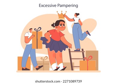 Excessive pampering, fostering an arrogant spoiled child. Parenting don'ts. Parenthood failure. Abusive family and traumatizing childhood experience. Flat vector illustration