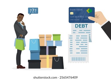 Excessive purchases and spending. Shopping addiction. Seller hand holding credit card with giant debt. Unhappy man customer bankrupt, shopaholism concept. Shopper with shopping boxes and bags. vector