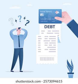 Excessive purchases and spending. Shopping addiction. Seller hand holding credit card with giant debt. Unhappy customer bankrupt, shopaholism concept. Shopper man with debt. flat vector illustration