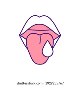 Excessive saliva flow RGB color icon. Excessive drooling, hypersalivation. Tonsil infection. Increasing saliva production. Poor mouth and tongue control. Strep throat. Isolated vector illustration