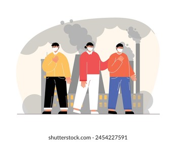 Excessive smoke produced by factories can cause respiratory problems such as coughing, pollution vector illustration.