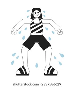 Excessive sweating in summer monochrome concept vector spot illustration. Overheated woman with sweaty underarms 2D flat bw cartoon character for web UI design. Isolated editable hand drawn hero image