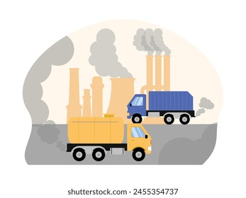 Excessive vehicle smoke in the city makes air quality worse, pollution vector illustration.