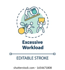 Excessive Workload Concept Icon. Overwhelmed Workaholic. Difficult Work. Desperate Clerk. Burnout Cause Idea Thin Line Illustration. Vector Isolated Outline RGB Color Drawing. Editable Stroke