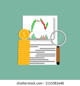 Exchange analysis financial candlestick chart. Vector money stock trade, business finance market analysis illustration