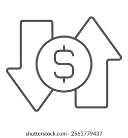 Exchange arrows with dollar coin thin line icon, financial advice concept. Vector graphics. Income and money spending sign on white background, outline style icon for mobile or web design