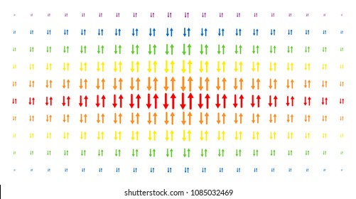 Exchange arrows icon rainbow colored halftone pattern. Vector exchange arrows symbols are arranged into halftone array with vertical rainbow colors gradient. Designed for backgrounds, covers,