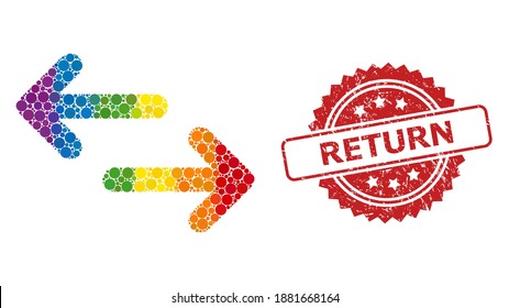 Exchange arrows mosaic icon of circle items in different sizes and rainbow color tints, and Return textured rosette stamp seal. A dotted LGBT-colored Exchange arrows for lesbians, gays,